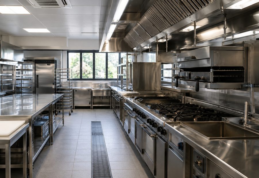 A stainless-steel commercial kitchen installed by Kitchen World