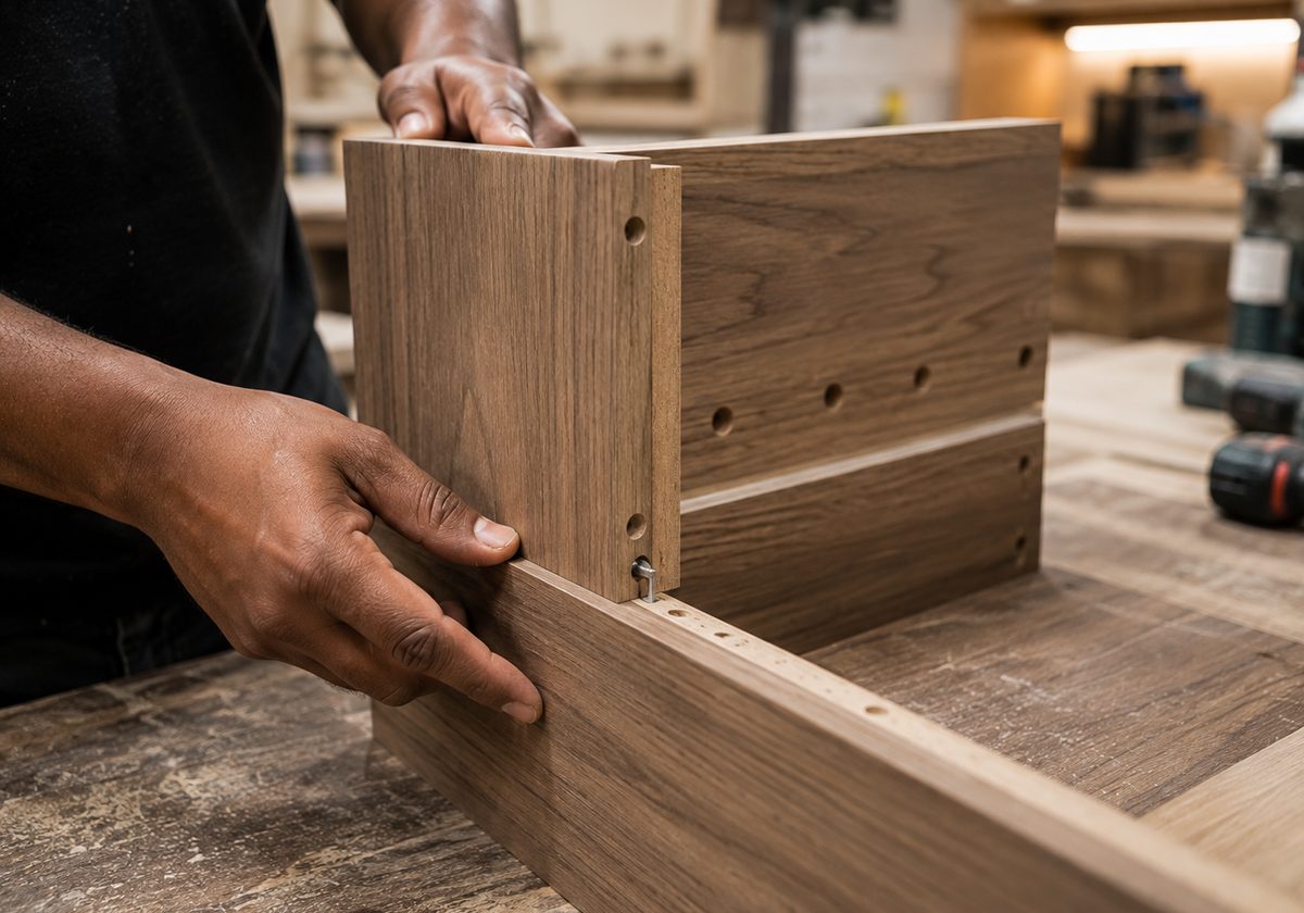 A cabinet being assembled in the factory