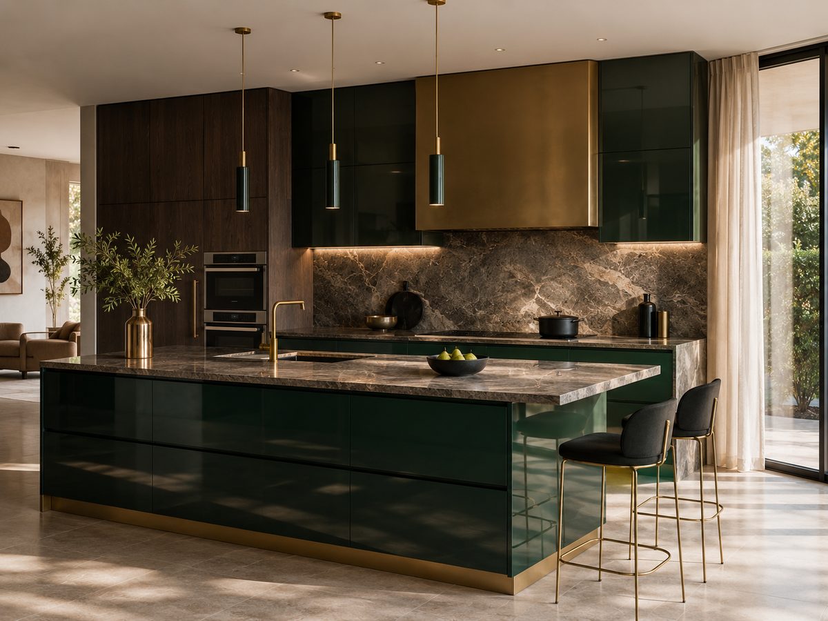 An island-centred kitchen in high-gloss colour