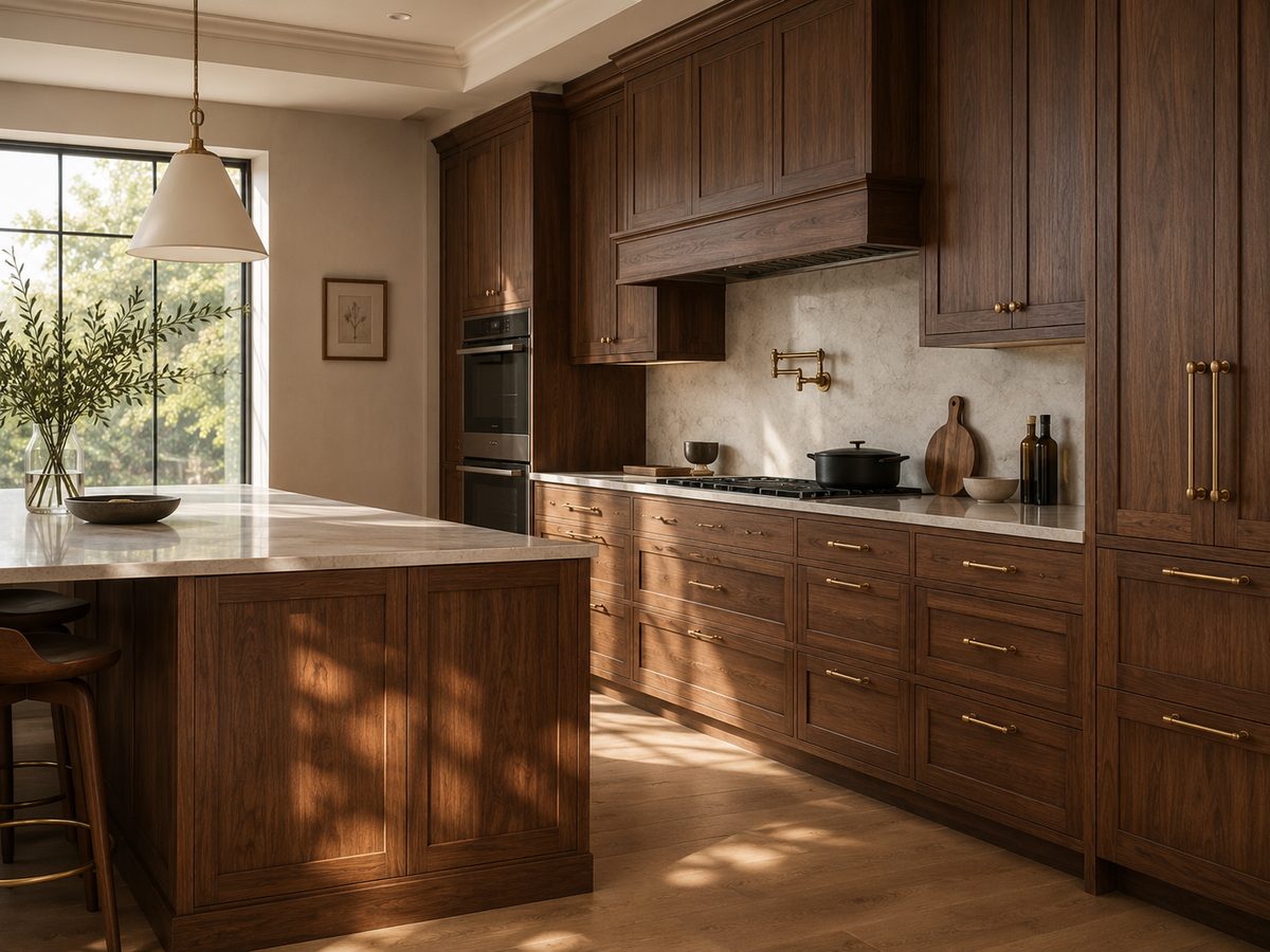 A kitchen in warm walnut veneer with solid-wood detailing
