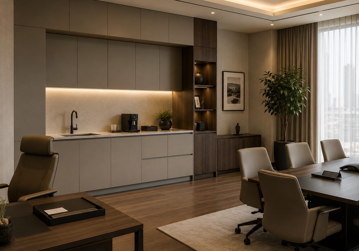 Executive office interior with fitted joinery and kitchenette